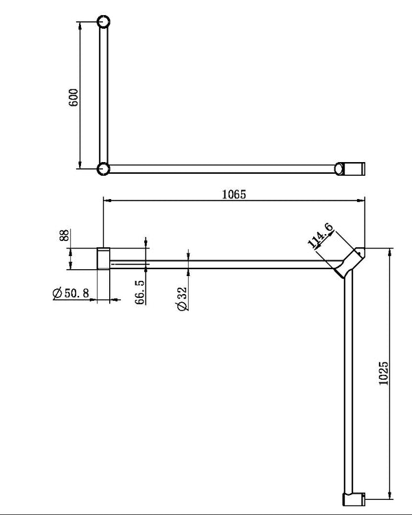 MECCA CARE 32MM DDA TOILET GRAB RAIL SET 90 DEGREE CONTINUOUS 600X1065X1025MM MATTE BLACK