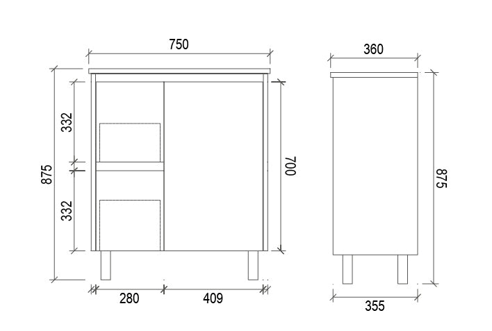 750mm SLIM PVC VANITY - LHS DRAWER