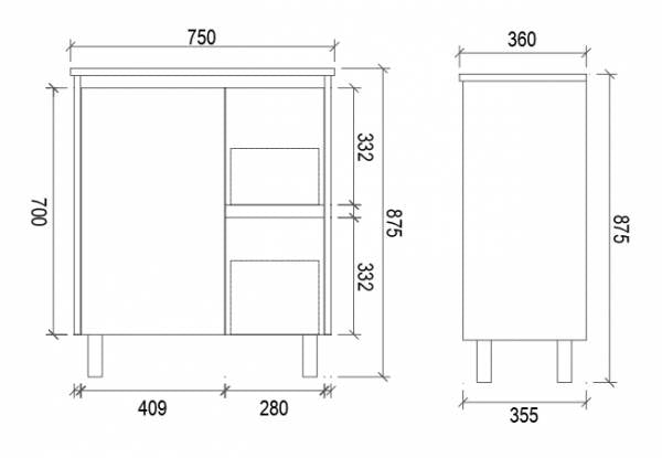 750mm SLIM PVC VANITY - RHS DRAWER