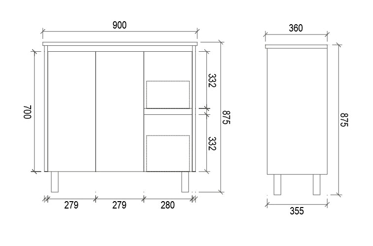 900mm SLIM PVC VANITY - RHS DRAWER