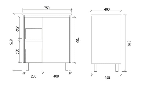 750mm PVC VANITY - LHS DRAWER