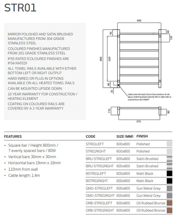 Brushed Satin 600 x 800mm Squ Heated Towel Rail LEFT