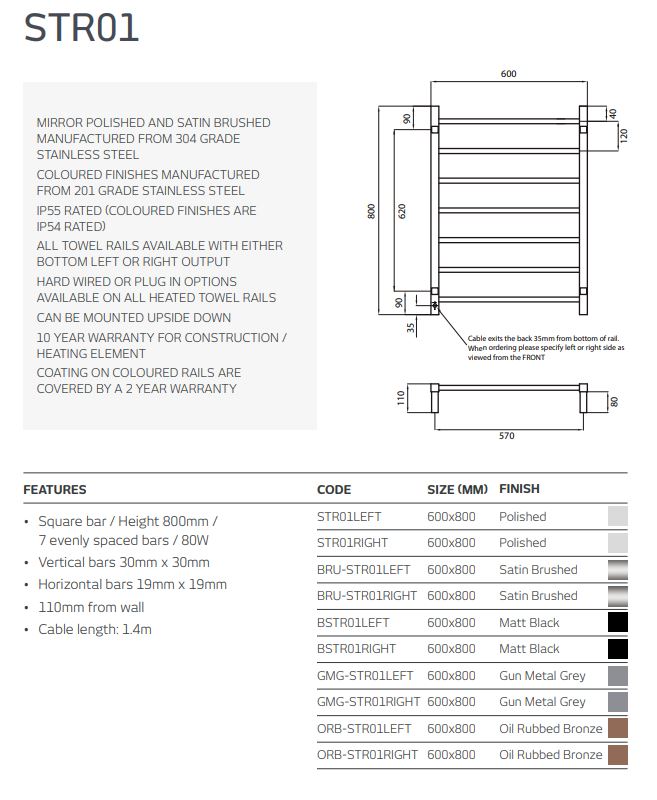 Brushed Satin 600 x 800mm Squ Heated Towel Rail LEFT