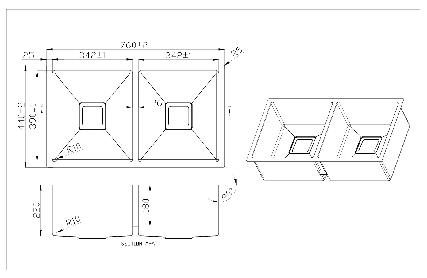 760x440x220mm Double Bowl Stainless Steel Sink