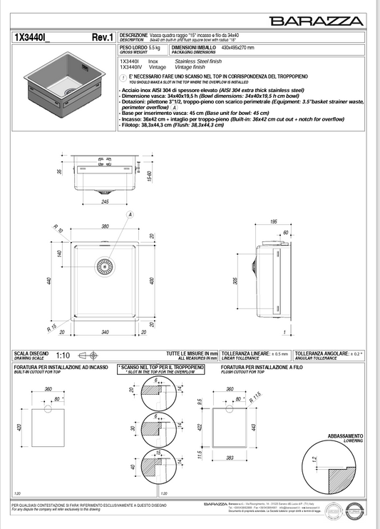 BARAZZA SINGLE BOWL 400 X 340 15MM RADIUS