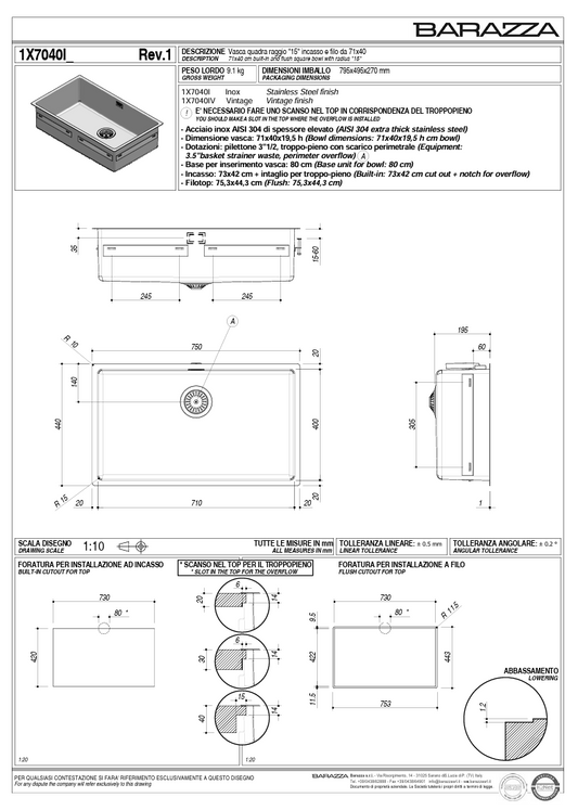 BARAZZA SINGLE BOWL 400 X 710 15MM RADIUS
