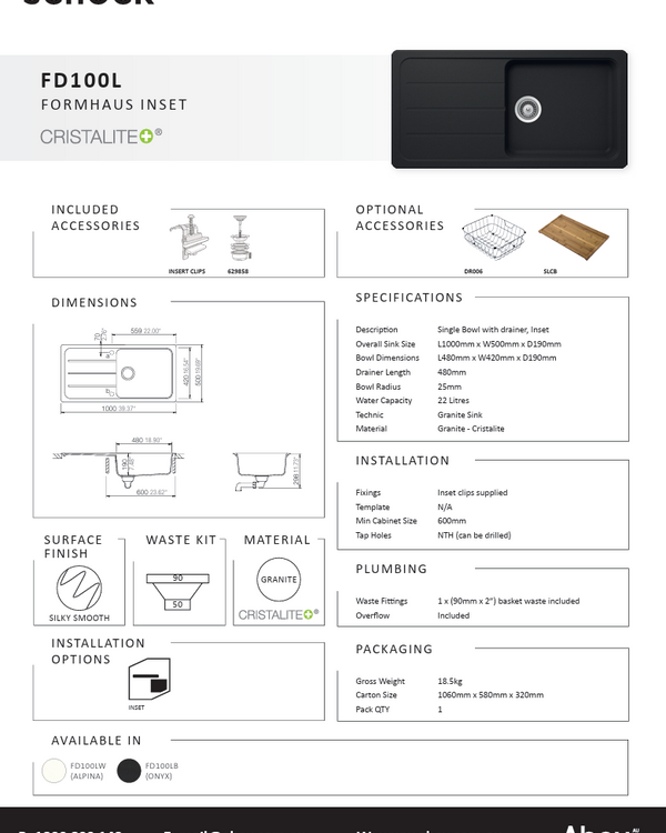 FORMHAUS 1000X500 SINGLEBOWL&DRAINER - ONYX