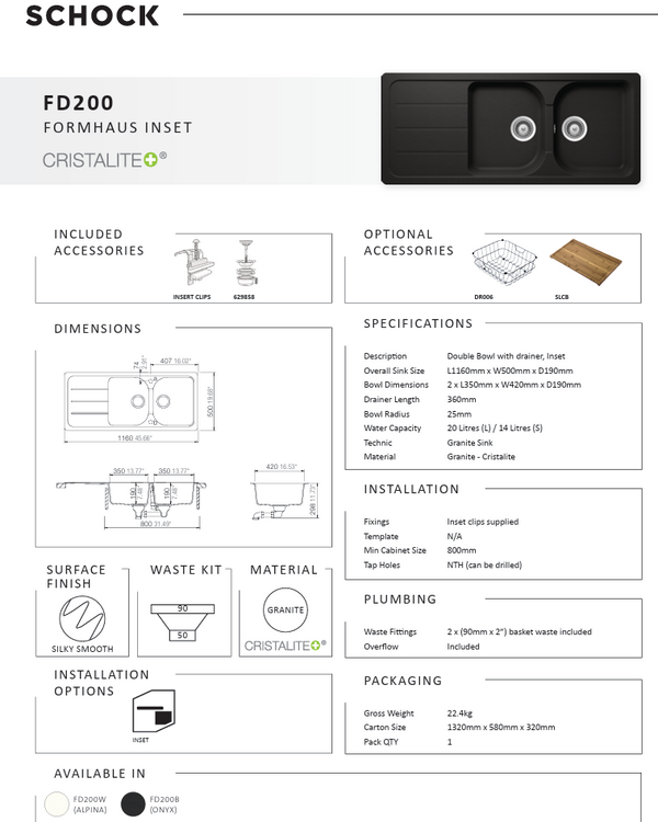 FORMHAUS 1160X500 DOUBLEBOWL&DRAINER - ONYX