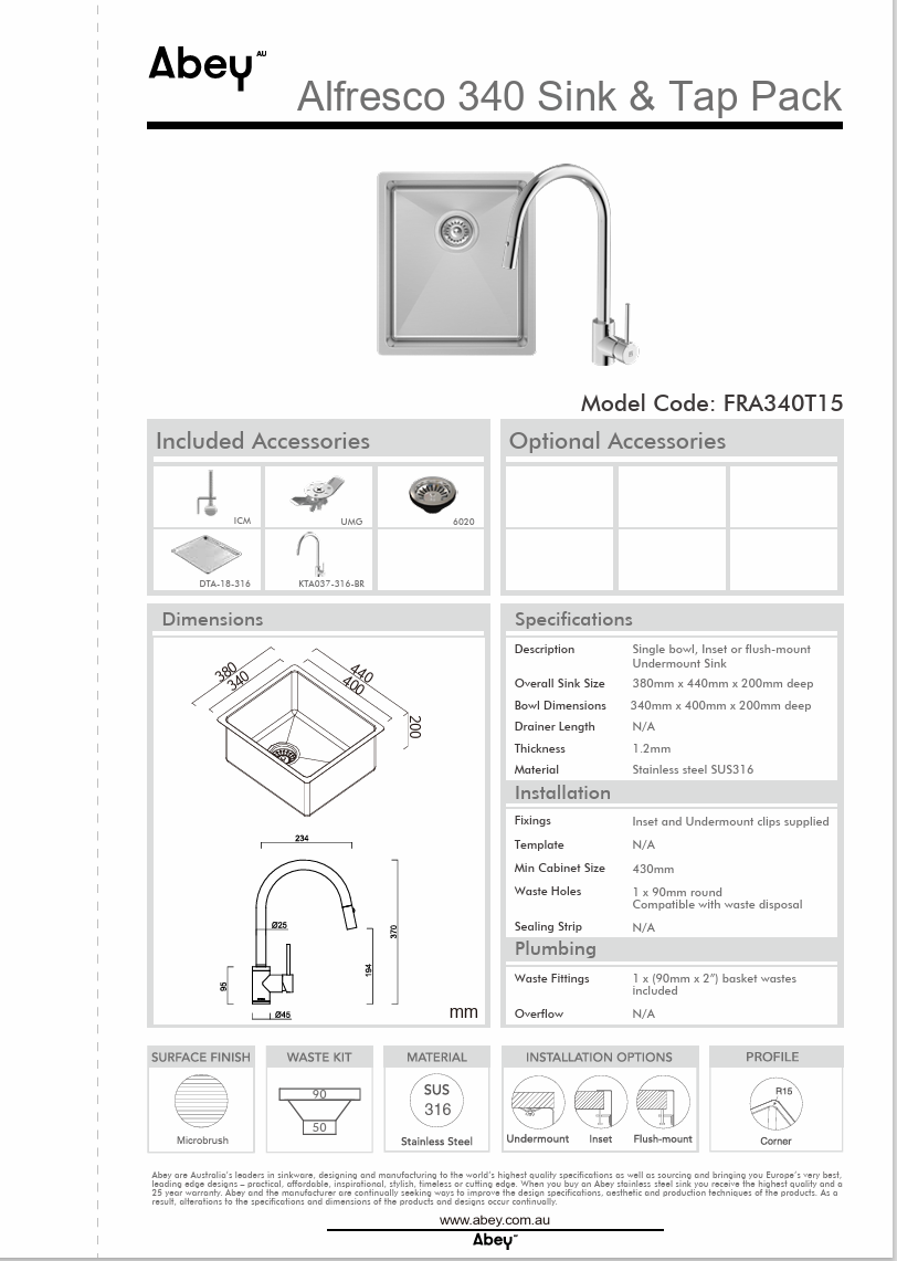 FRA340 SINK + DTA18-316 + KTA037-316-BR
