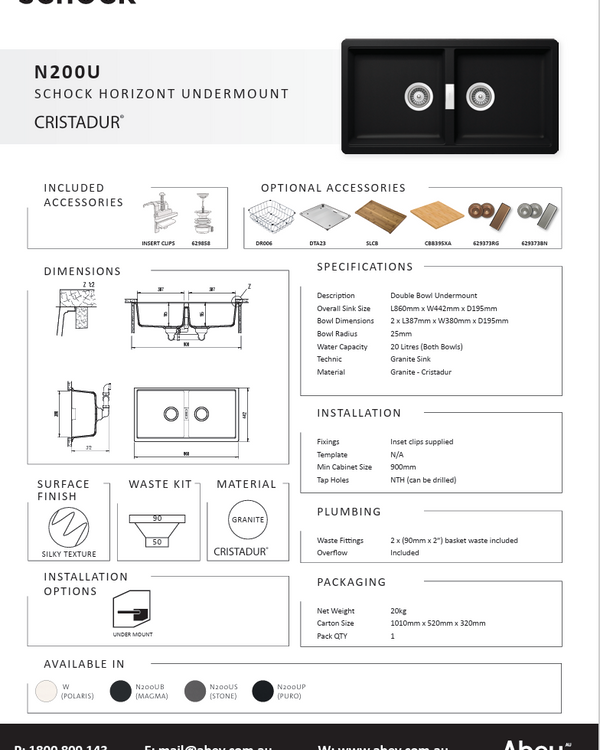 HORIZONT N200 MAGMA DOUBLE BOWL UNDERMOUNT SINK