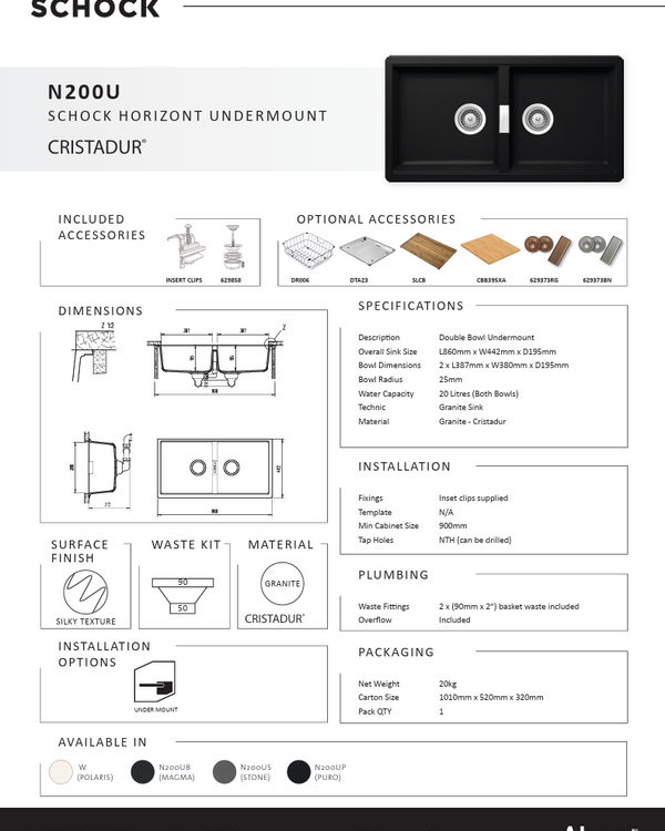 HORIZONT N200 POLARIS DOUBLE BOWL UNDERMOUNT SINK