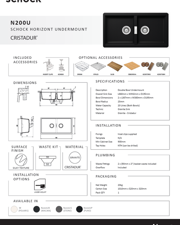 HORIZONT N200 STONE DOUBLE BOWL UNDERMOUNT SINK