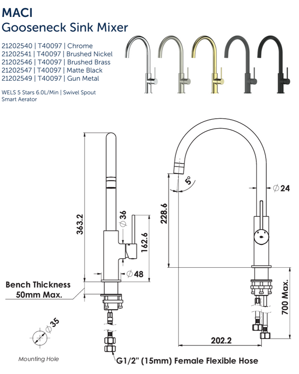 Maci Gooseneck Sink Mixer - PVD Brushed Nickel