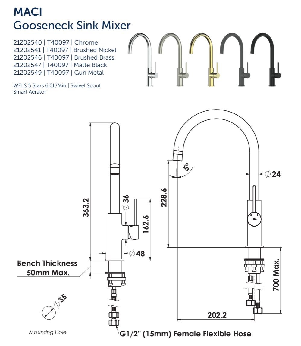 Maci Gooseneck Sink Mixer - Matte Black