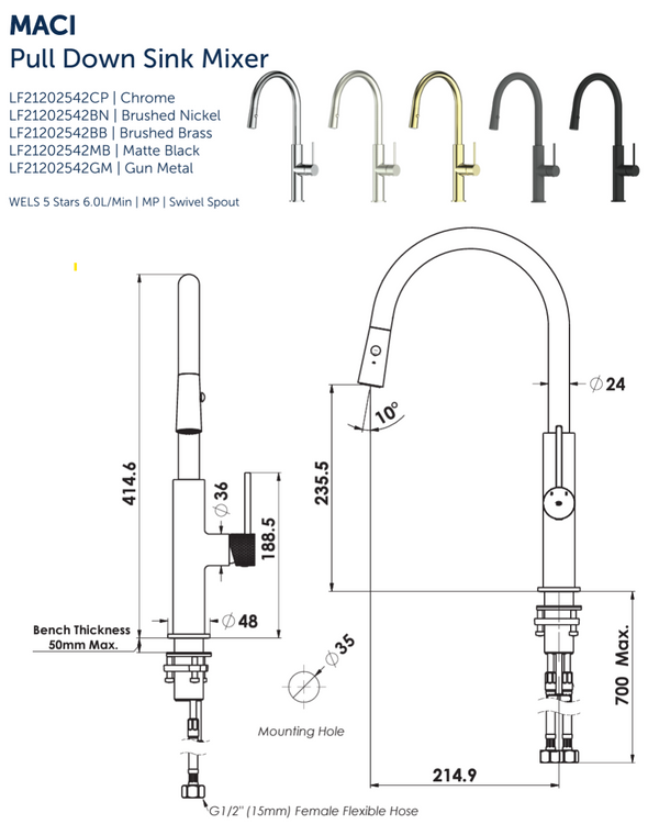 Maci Pull Down Sink Mixer - PVD Brushed Brass