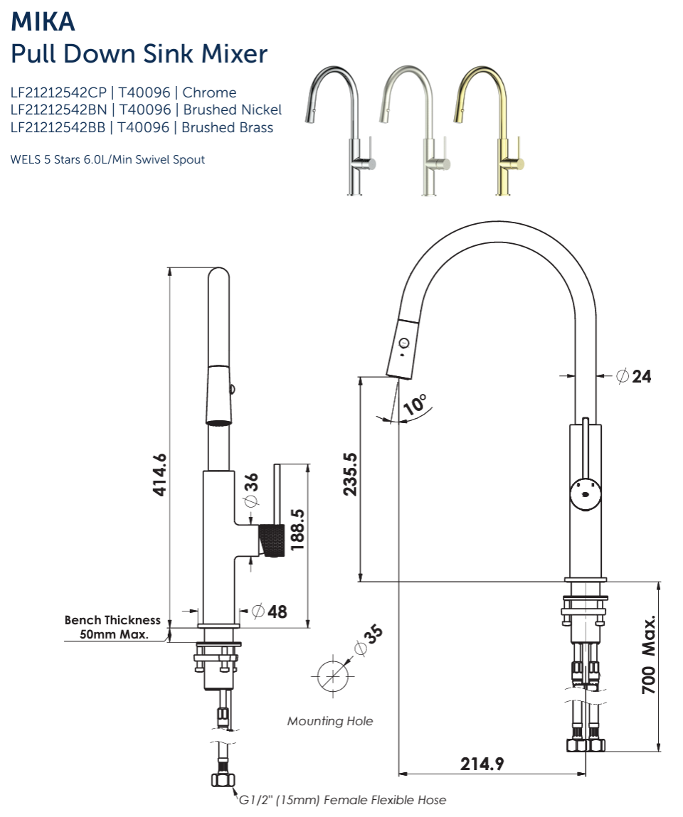 Mika Pull Down Sink Mixer - PVD Brushed Brass