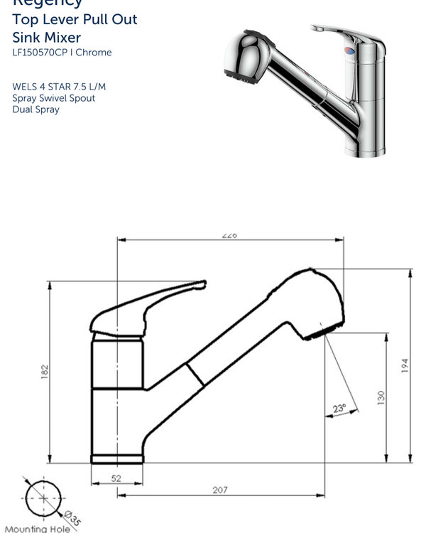 Regency Top Lever Pull Out Mixer - Chrome