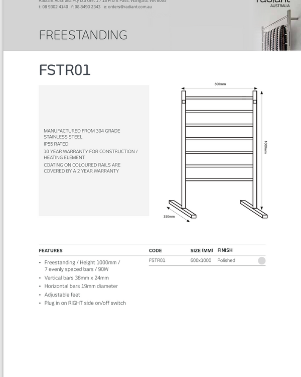 Polished 600 x 1000mm Free Standing Heated Towel Rail