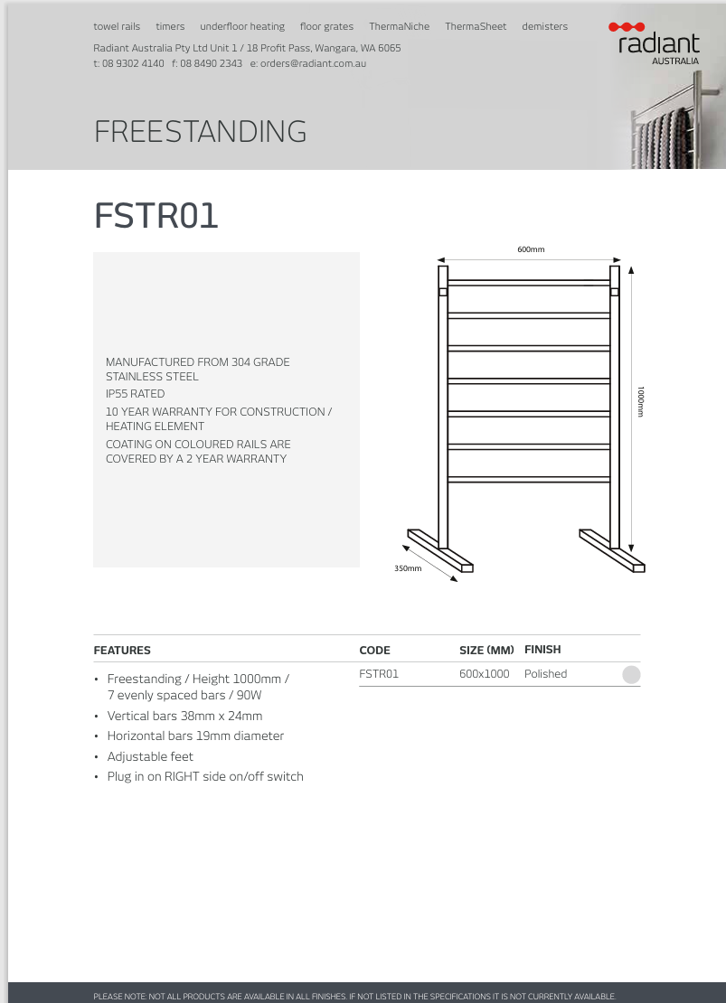 Polished 600 x 1000mm Free Standing Heated Towel Rail