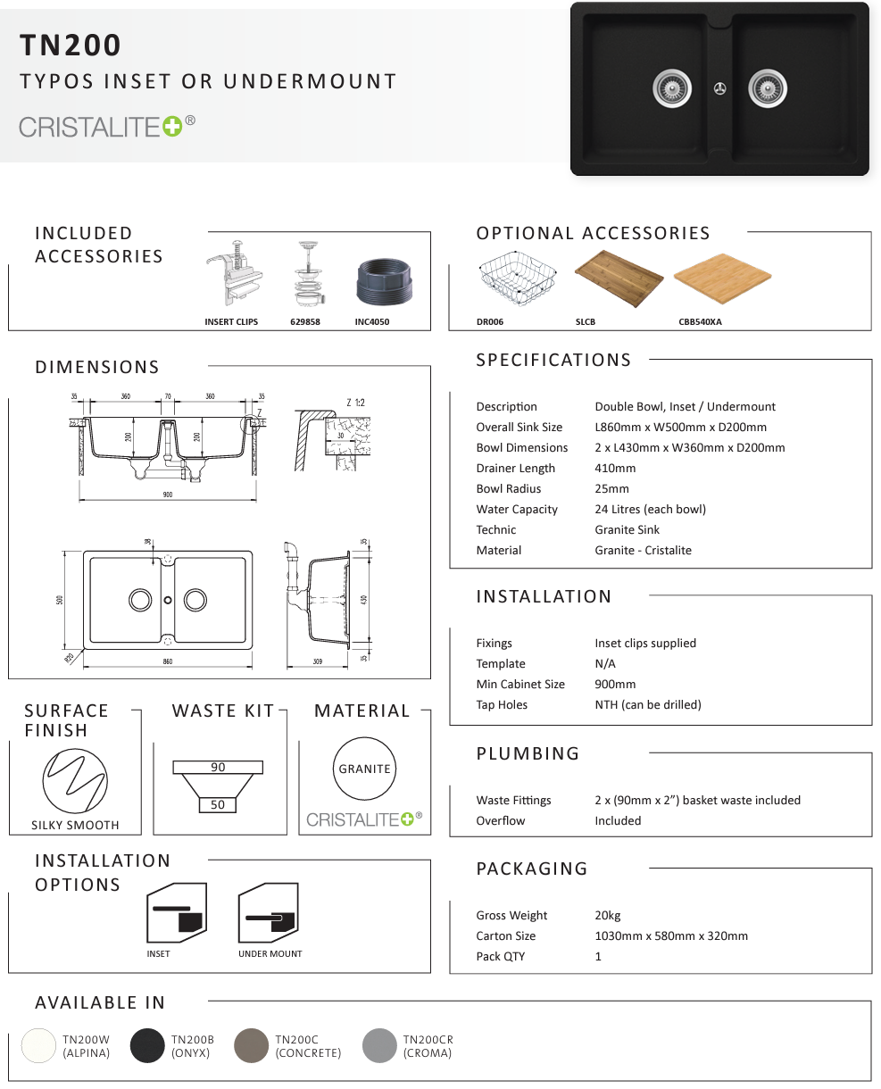 TYPOS N200 ONYX DOUBLE BOWL SINK