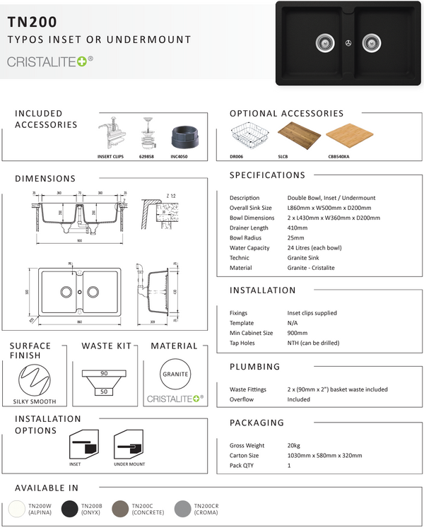 TYPOS N200 CONCRETE DOUBLE BOWL SINK