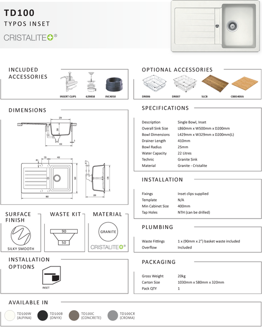 TYPOS D100 ONYX SINGLE BOWL SINK