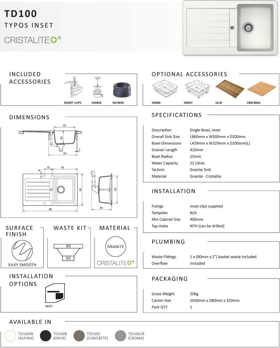 TYPOS D100 CROMA SINGLE BOWL SINK