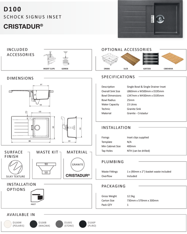 SIGNUS D100 STONE SINGLE BOWL SINK