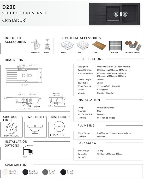 SIGNUS D200 STONE 1 & 3/4 BOWL SINK