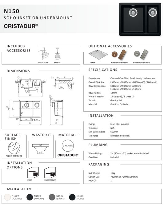 SOHO STONE 1 & 1/2 BOWL SINK
