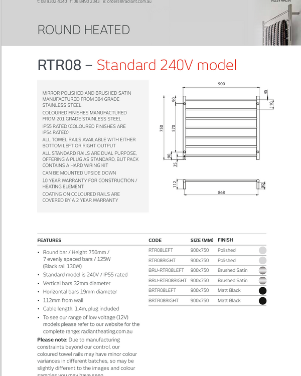 Polished 900 x 750mm Rnd Heated Towel Rail LEFT