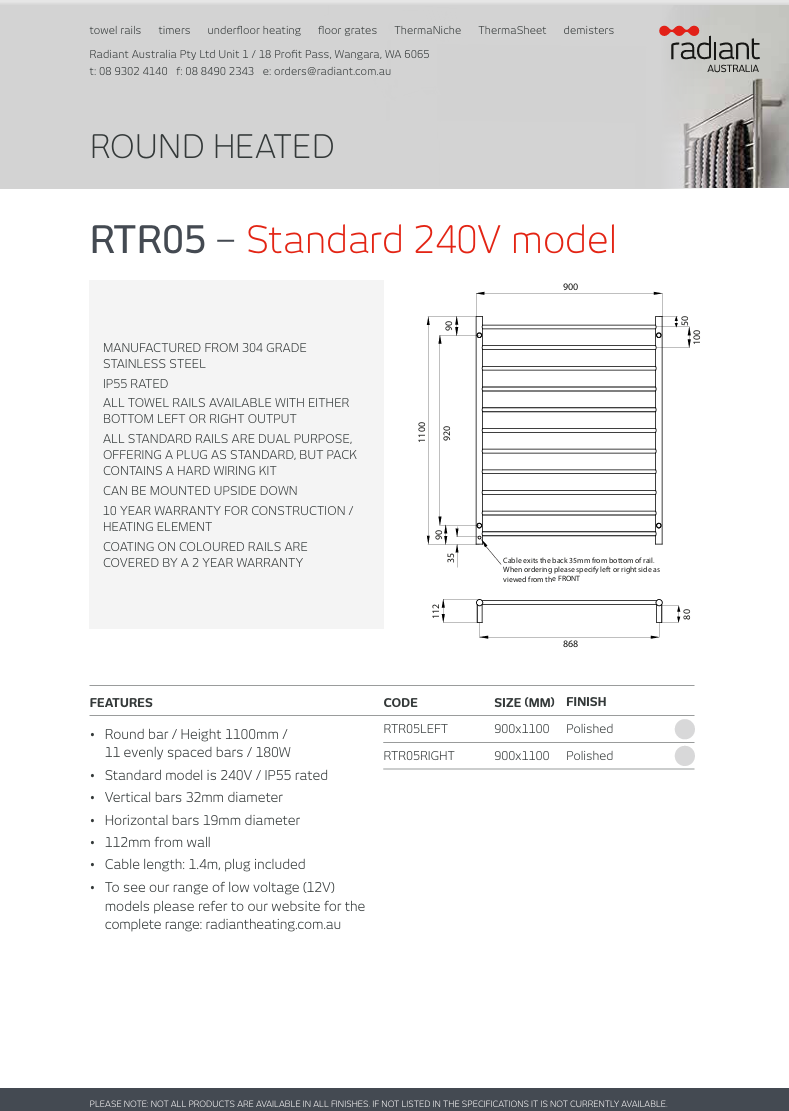 Polished 900 x 1100mm Rnd Heated Towel Rail RIGHT