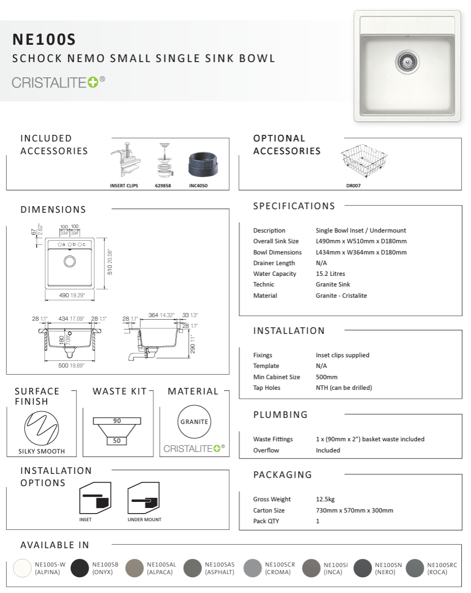 NEMO ONYX SMALL SINGLE BOWL SINK