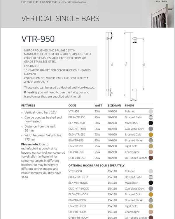 Vertical Single Heated Towel Bar 40mm X 950mm Oil Rubbed Bronze