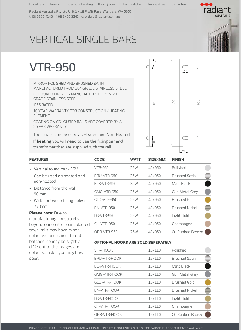 Vertical Single Heated Towel Bar 40mm X 950mm Polished SS