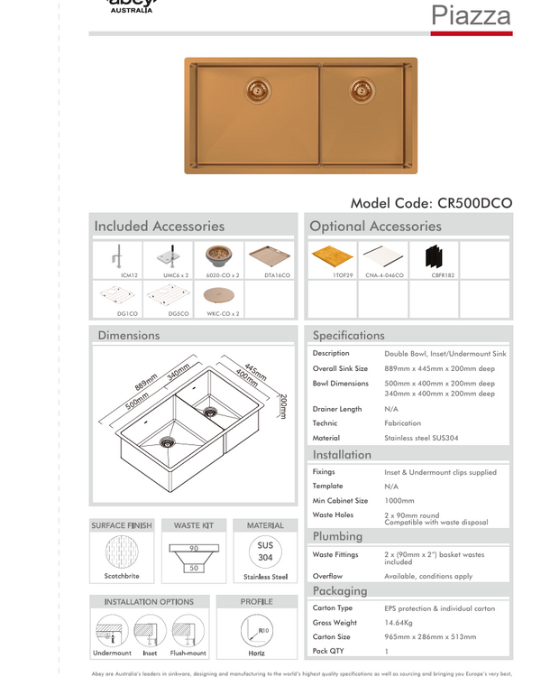 PIAZZA DOUBLE BOWL 889X445 + ACC - ARTISAN COPPER