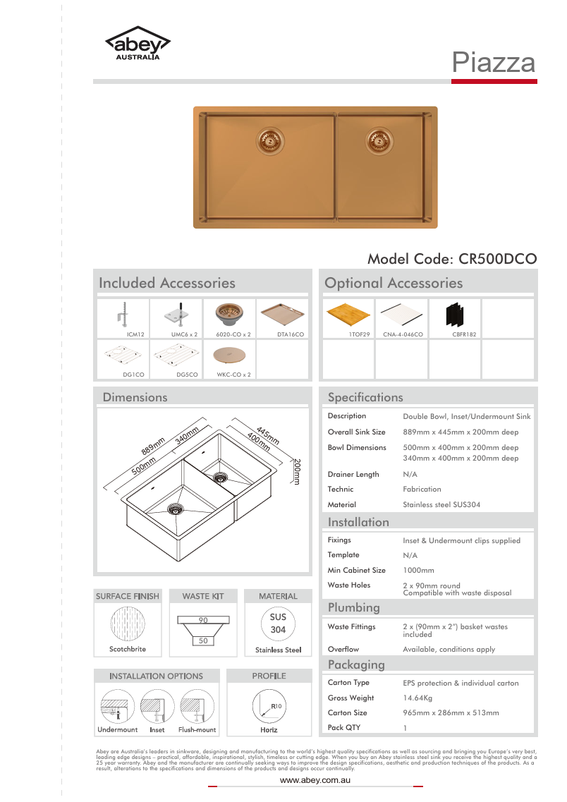 PIAZZA DOUBLE BOWL 889X445 + ACC - ARTISAN COPPER