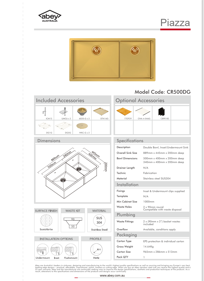PIAZZA DOUBLE BOWL 889X445 + ACC - EUREKA GOLD