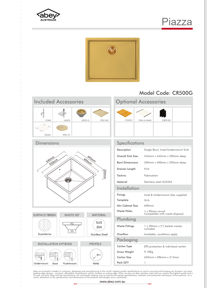 PIAZZA SGL BWL 545X445 + ACC - EUREKA GOLD
