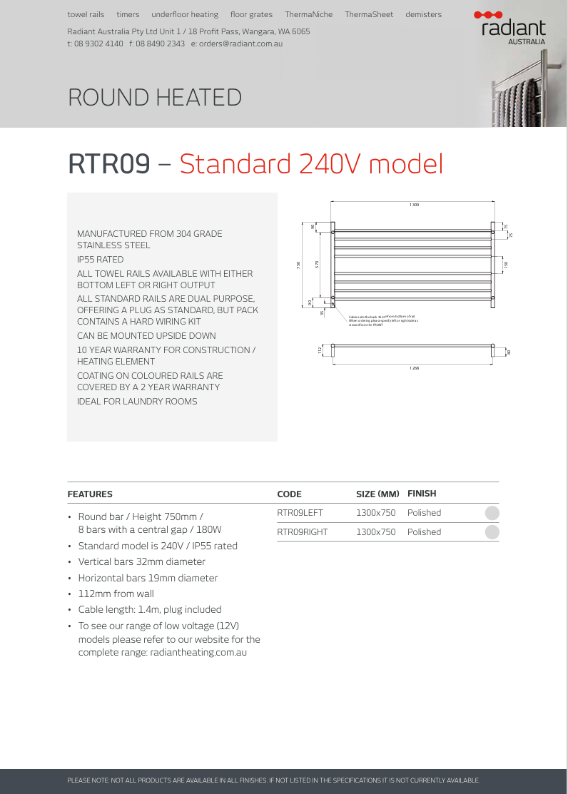 Polished 1300 x 750mm Rnd Heated Towel Rail RIGHT