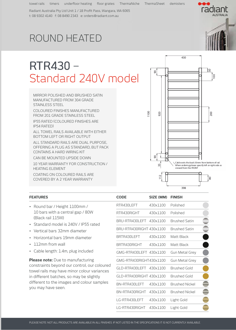 Black 430 x 1100mm Rnd Heated Towel Rail LEFT