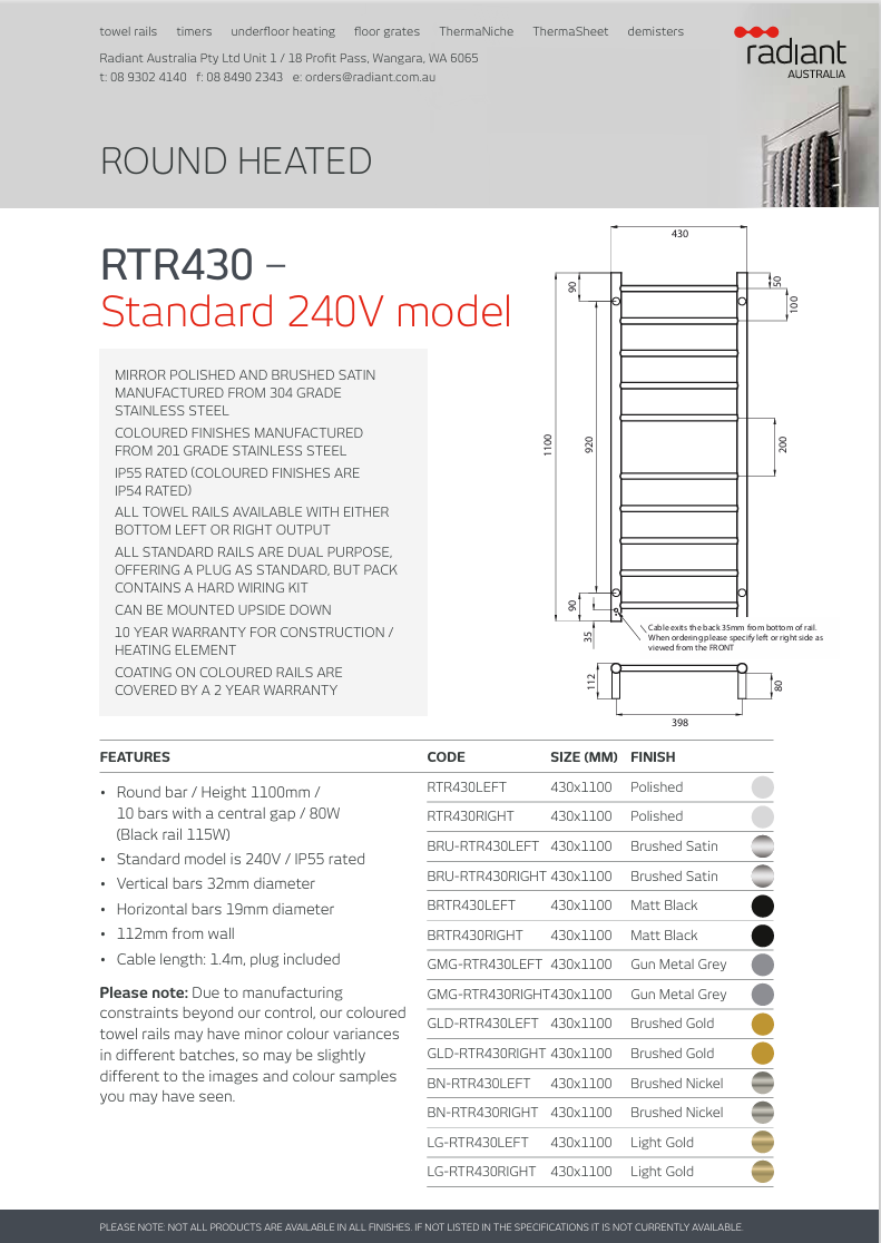 Black 430 x 1100mm Rnd Heated Towel Rail RIGHT