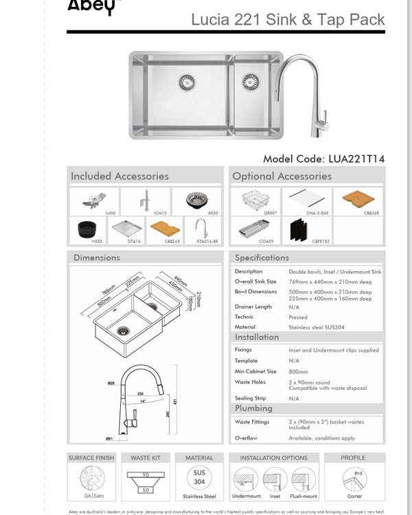 LUCIA DBL BOWL SINK + DTA16 + CBB245