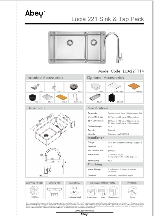 LUCIA DBL BOWL SINK + DTA16 + CBB245