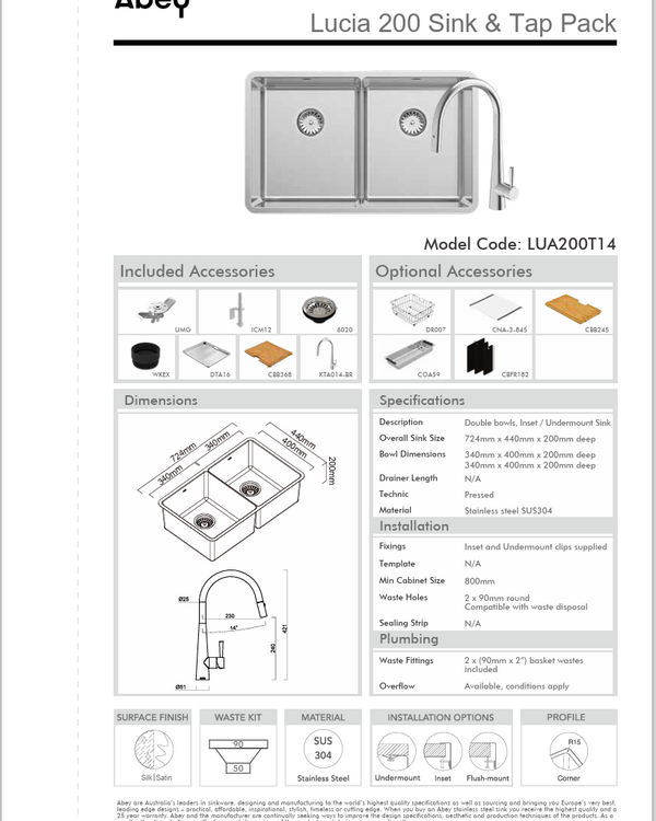 LUCIA DBL BOWL SINK + DTA16 + LARGE BOARD