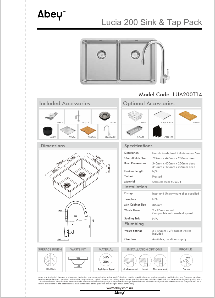 LUCIA DBL BOWL SINK + DTA16 + LARGE BOARD