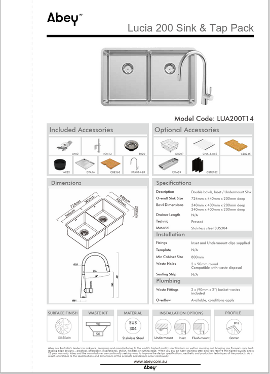 LUCIA DBL BOWL SINK + DTA16 + LARGE BOARD