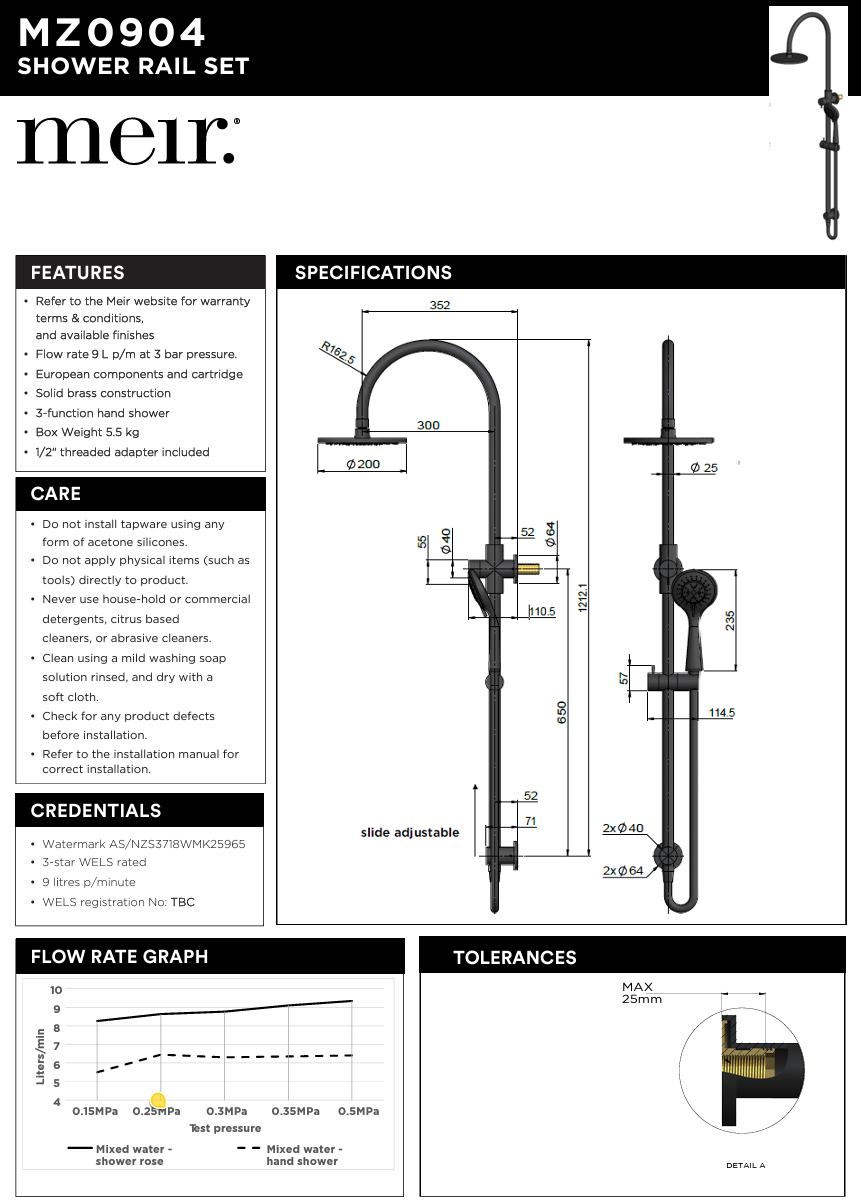 200mm Round Overhead Shower Rail, Three Function Hand Shower