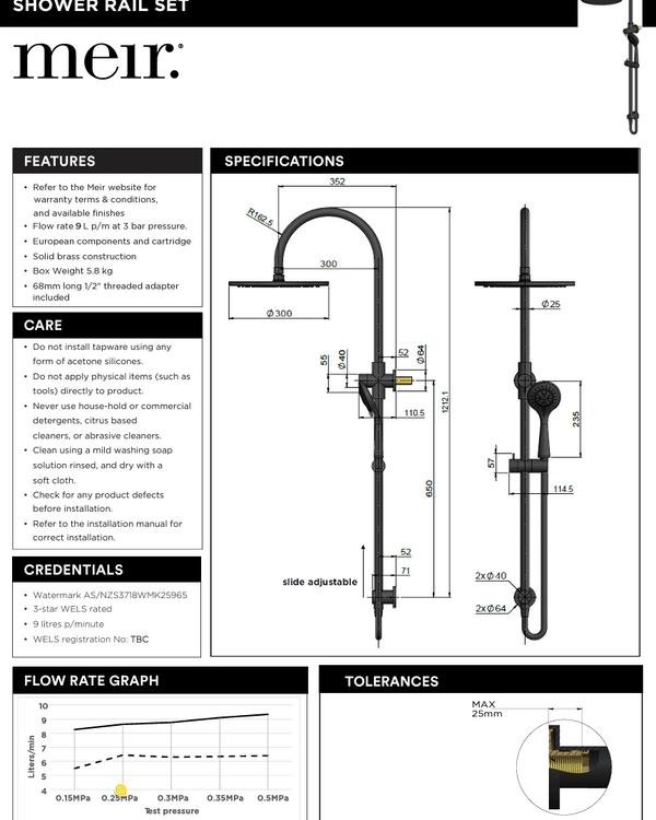 300mm Round Overhead Shower Rail, Three Function Hand Shower