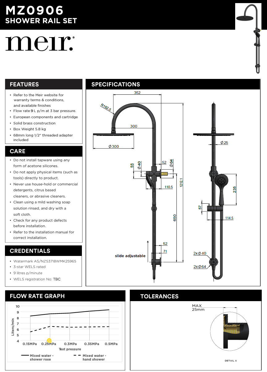 300mm Round Overhead Shower Rail, Three Function Hand Shower